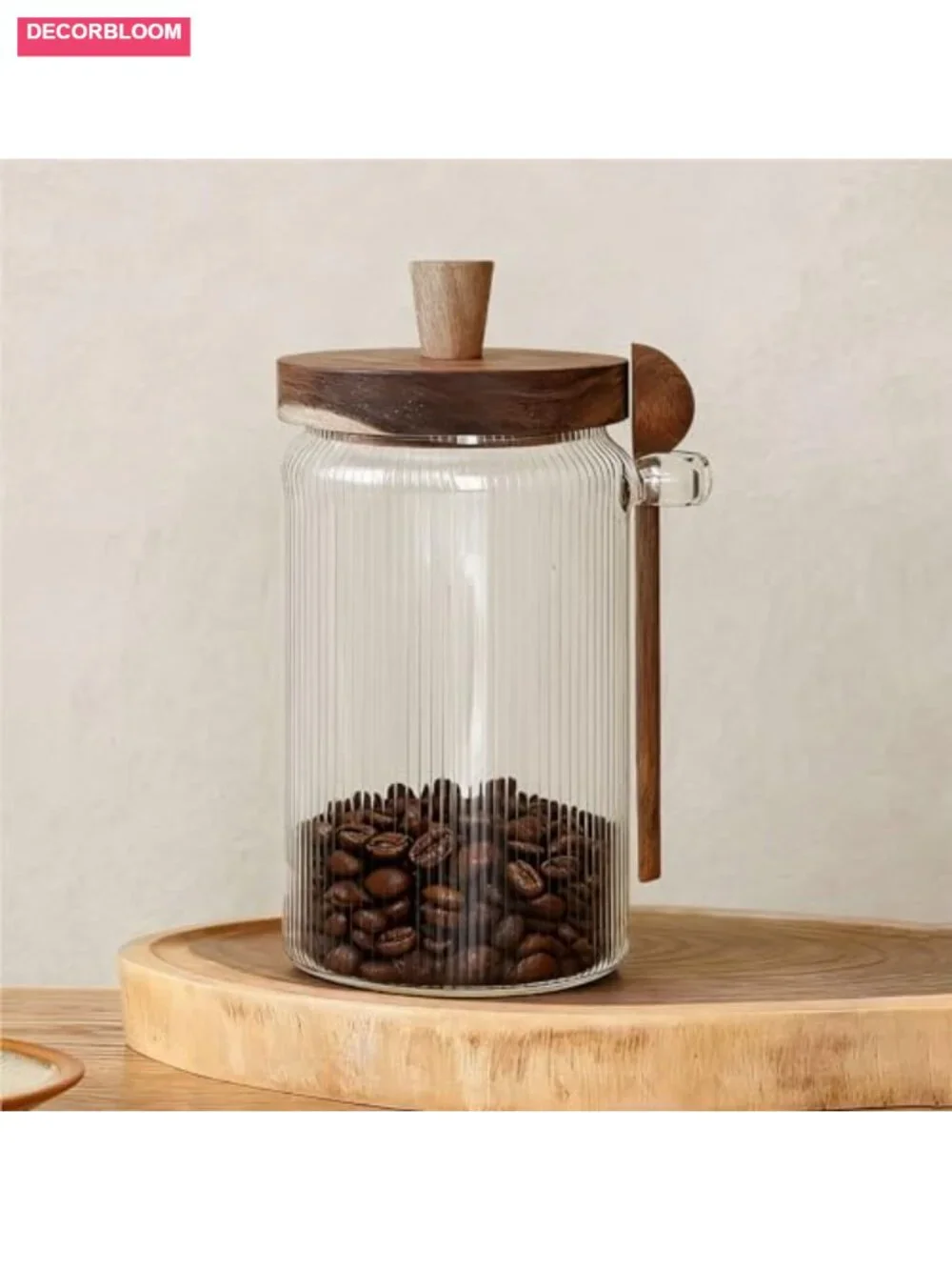 Striped Glass Food Storage Jar with Acacia Wood Lid and Spoon 30oz